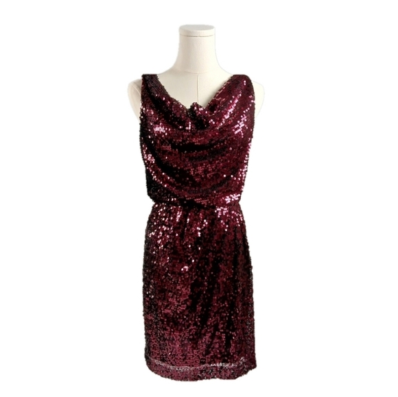 Aqua Red Burgundy Sequined Cocktail Dress Size 4 Sleeveless Cowl Neck - Picture 2 of 5